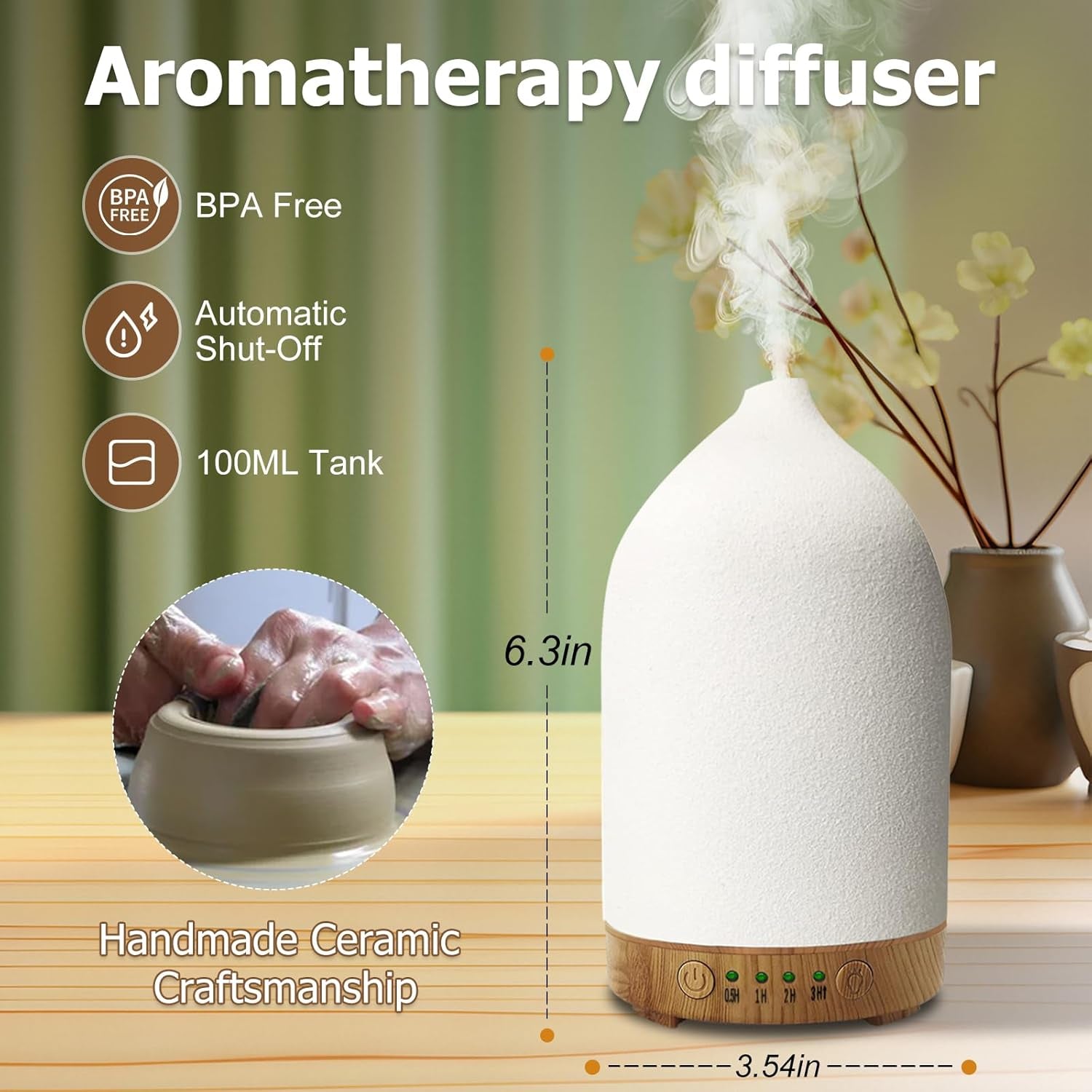 Essential Oil Diffuser Humidifiers,Aromatherapy Diffuser, Ceramic Wood Grain Diffusers for Oils,7-Color Night Light Aroma Home,Office and Trip(100Ml)-White