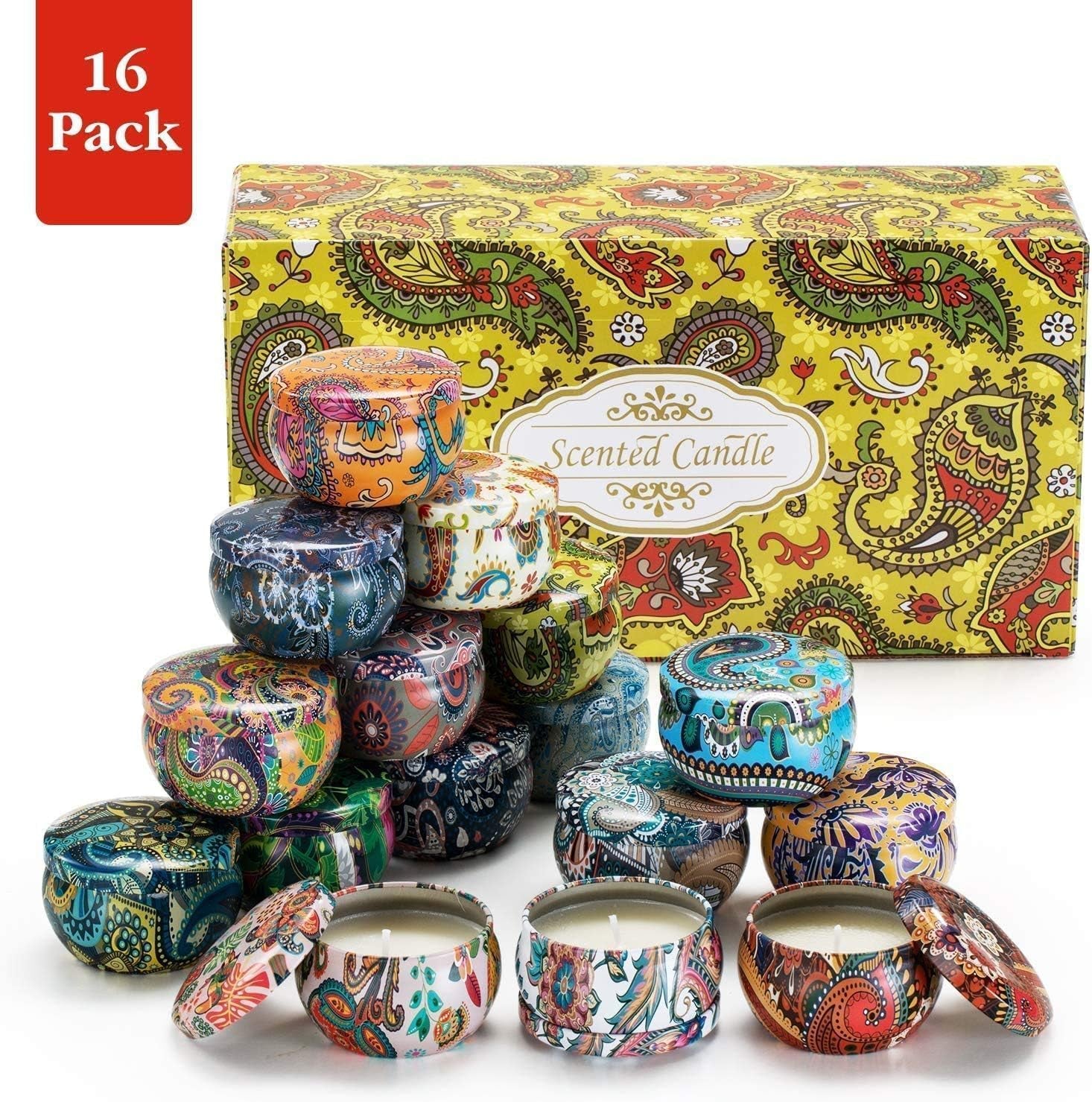 Scented Candles Gift Set, Natural Soy Wax Portable Travel Tin Candles Women Gift with Strongly Fragrance Essential Oils for Stress Relief and Aromatherapy - 16 Pack