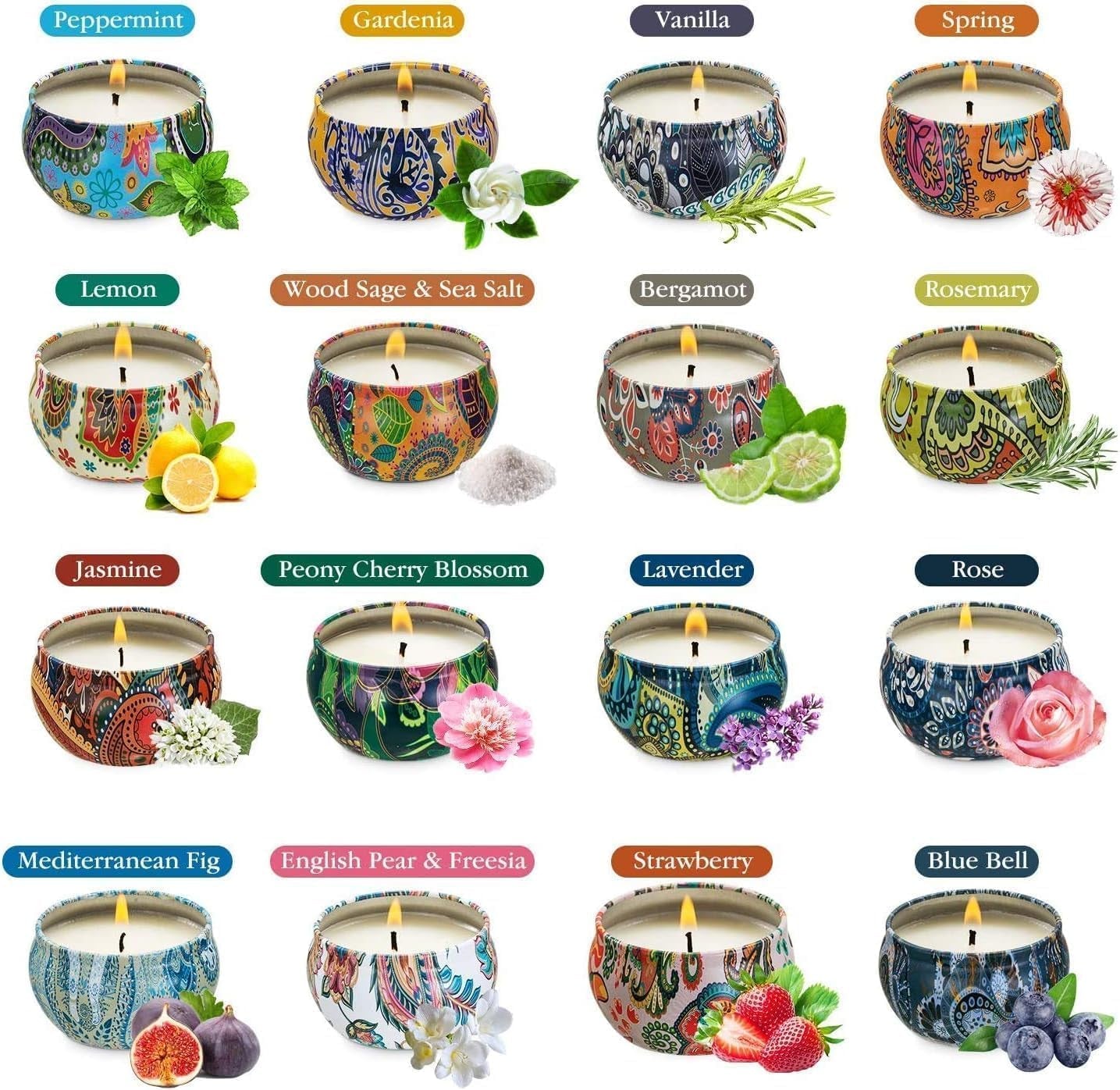 Scented Candles Gift Set, Natural Soy Wax Portable Travel Tin Candles Women Gift with Strongly Fragrance Essential Oils for Stress Relief and Aromatherapy - 16 Pack