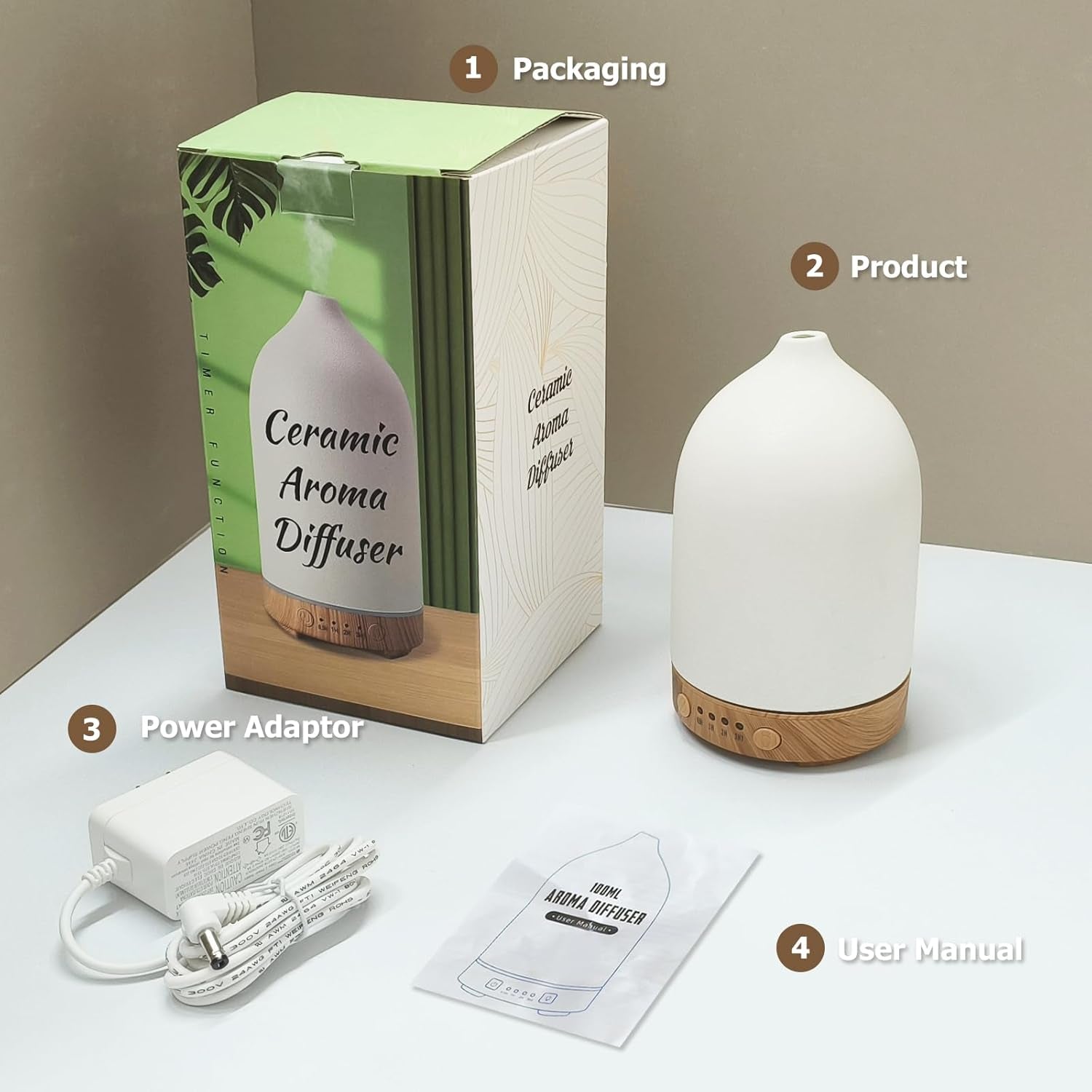 Essential Oil Diffuser Humidifiers,Aromatherapy Diffuser, Ceramic Wood Grain Diffusers for Oils,7-Color Night Light Aroma Home,Office and Trip(100Ml)-White