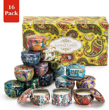Scented Candles Gift Set, Natural Soy Wax Portable Travel Tin Candles Women Gift with Strongly Fragrance Essential Oils for Stress Relief and Aromatherapy - 16 Pack